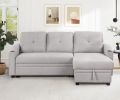 Pull Out Sofa Bed Modern Padded Upholstered Sofa Bed ; Linen Fabric 3 Seater Couch with Storage Chaise and Cup Holder ; Small Couch for Small Spaces