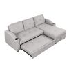 Pull Out Sofa Bed Modern Padded Upholstered Sofa Bed ; Linen Fabric 3 Seater Couch with Storage Chaise and Cup Holder ; Small Couch for Small Spaces